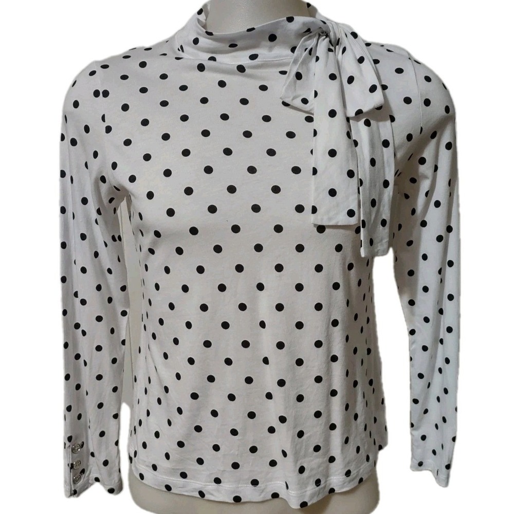 Tommy Hilfiger Top Size M Women's Polka Dot White Black Bow Neck Retro Blouse‎